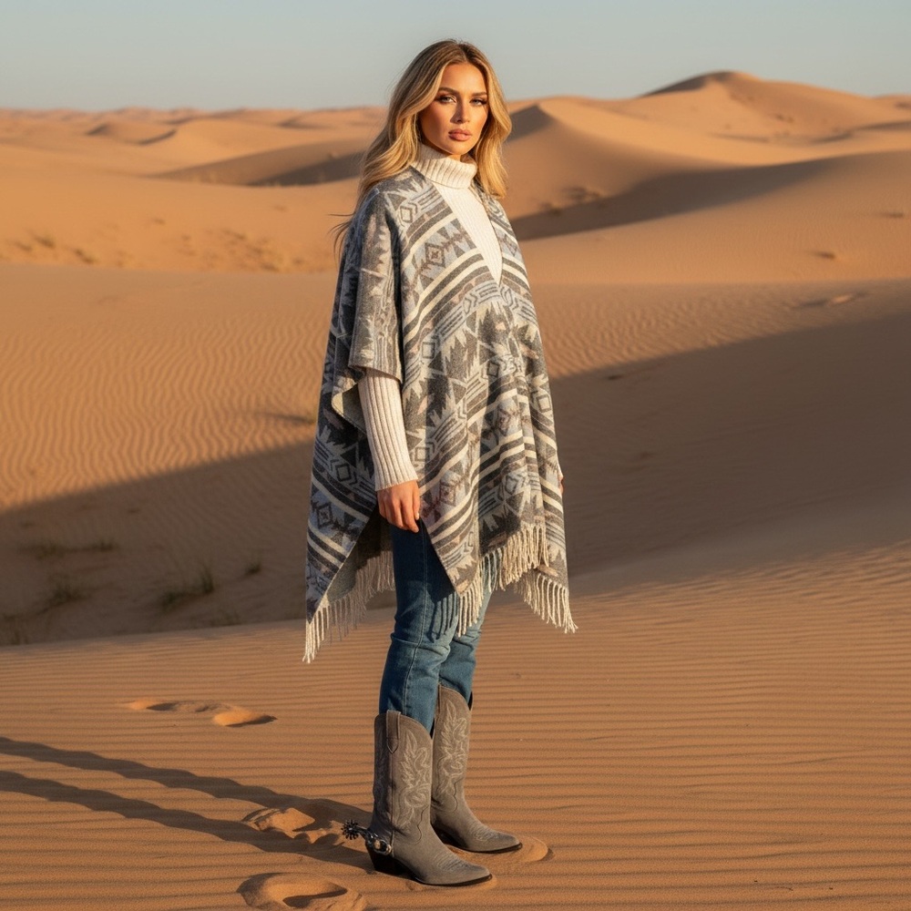 Free people Blue & Gray Western Boho Hippie Acrylic Pull Over Fringe poncho